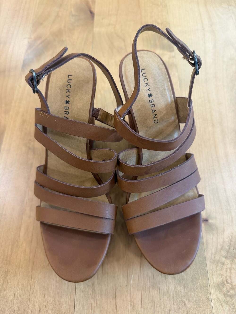 Lucky Brand Larinaa Brown Leather Strappy Platform Wedge Sandals sz 9.5